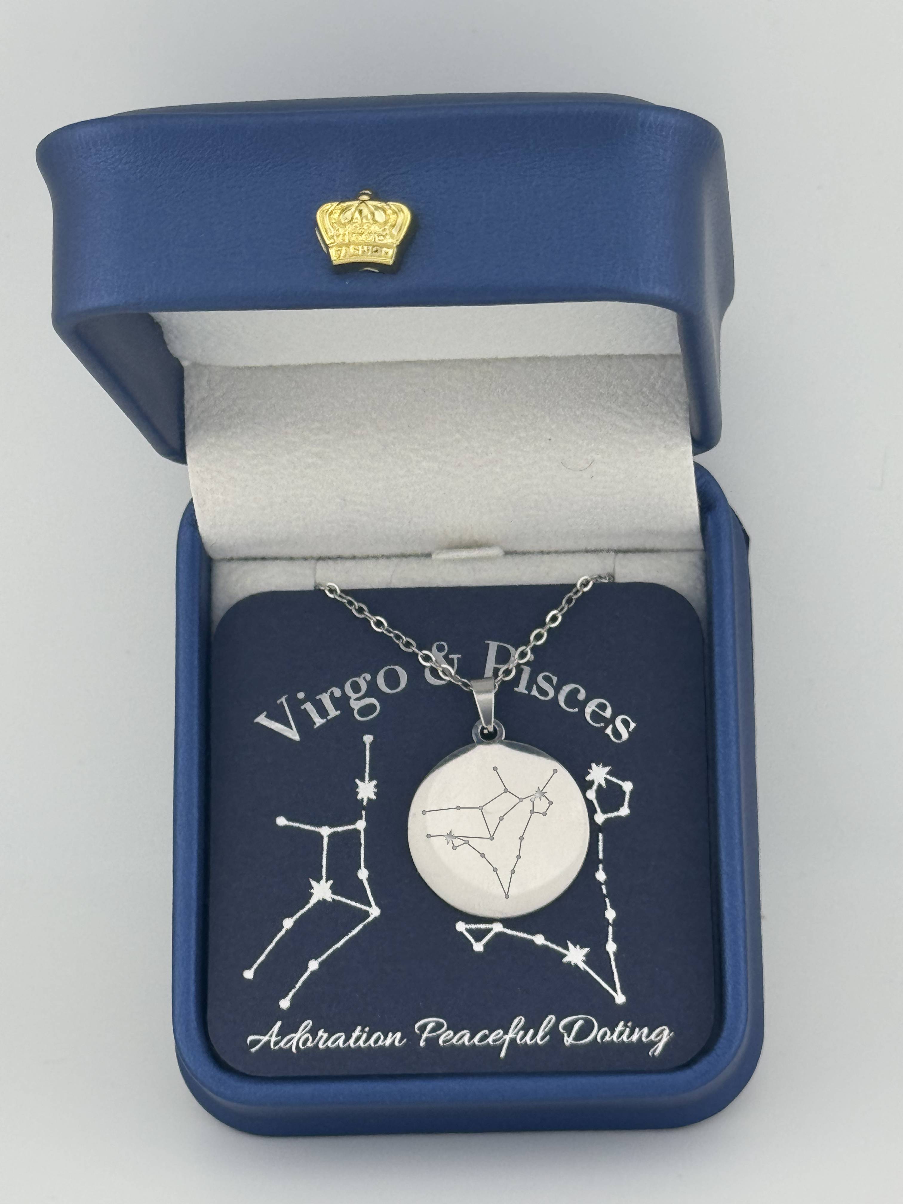  Silver Virgo and Pisces constellation medallion necklace in gift box with silver foil zodiac card
