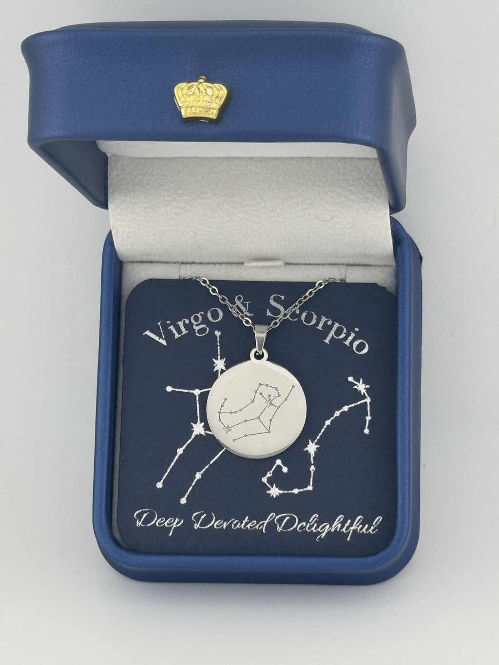  Silver Virgo and Scorpio constellation medallion necklace in gift box with silver foil zodiac card
