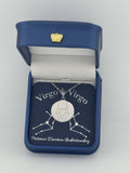Silver Virgo and Virgo constellation medallion necklace in gift box with silver foil zodiac card
