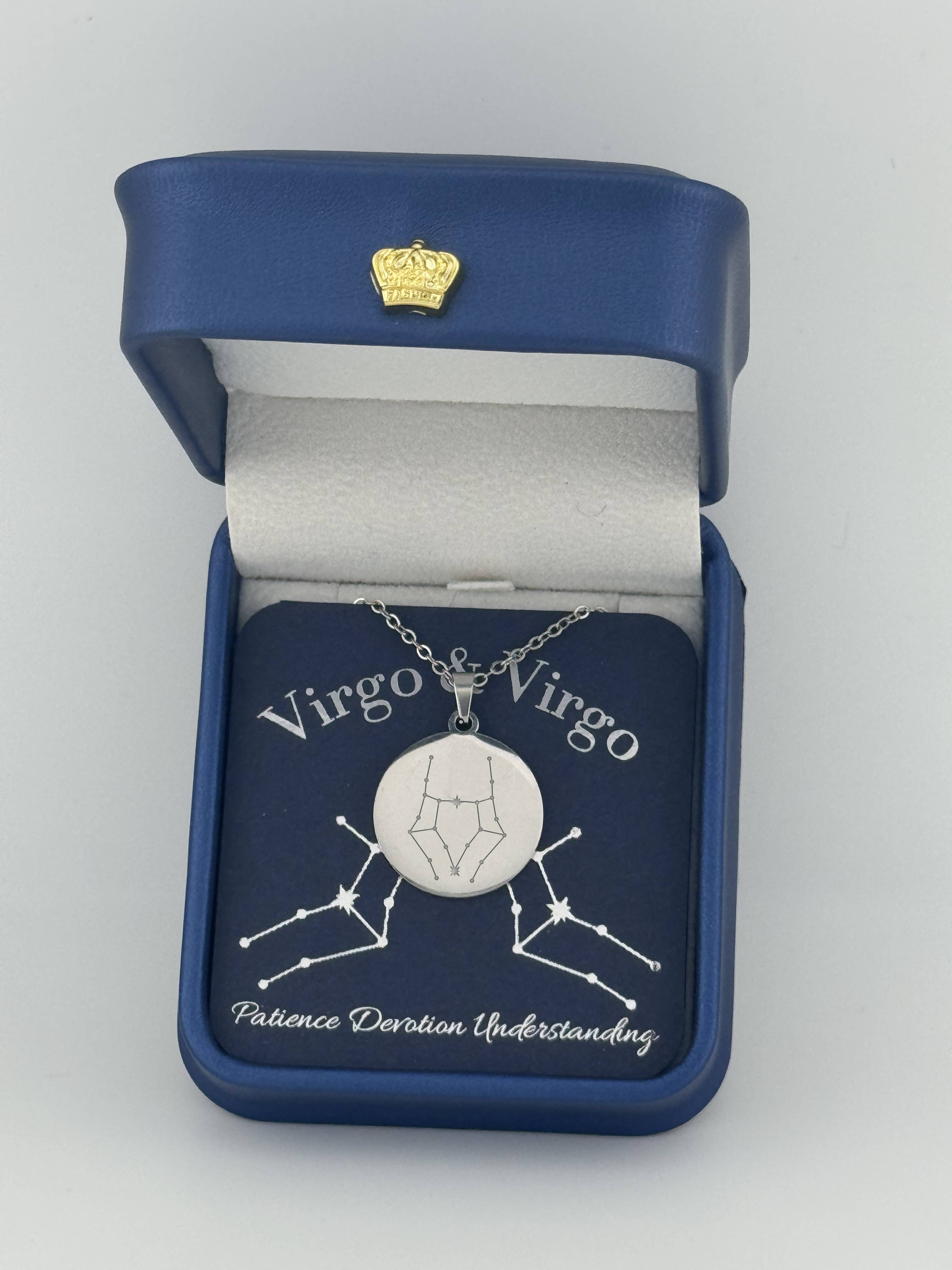 Silver Virgo and Virgo constellation medallion necklace in gift box with silver foil zodiac card
