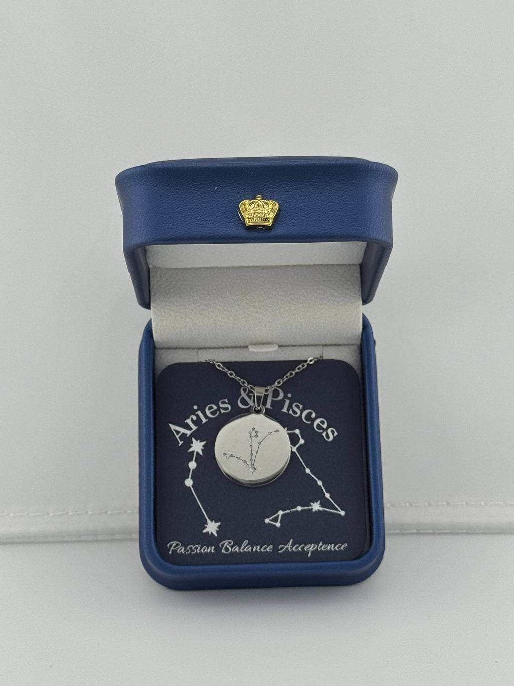  Silver Aries + Pisces constellation medallion necklace in gift box with silver foil zodiac card
