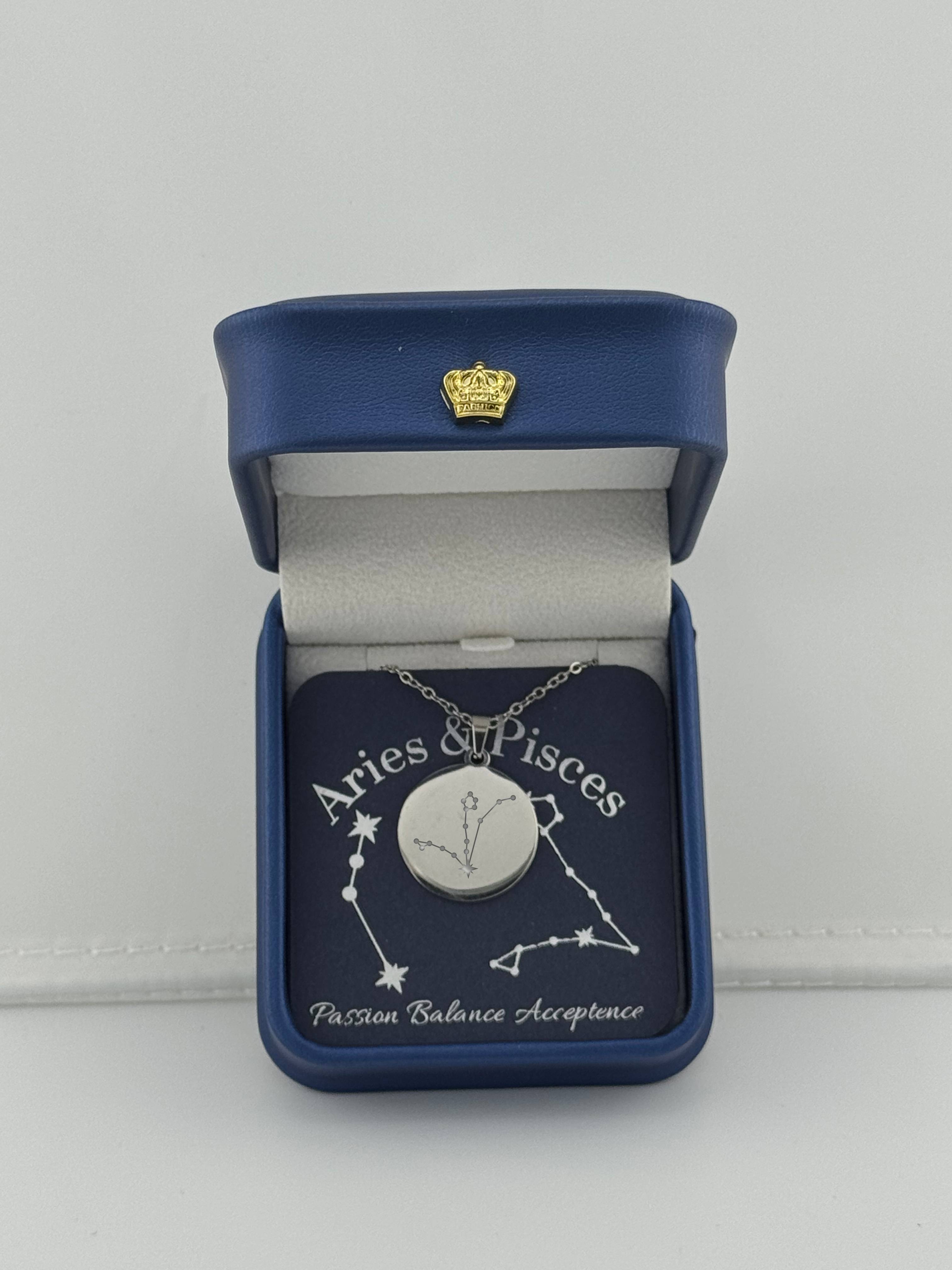  Silver Aries + Pisces constellation medallion necklace in gift box with silver foil zodiac card
