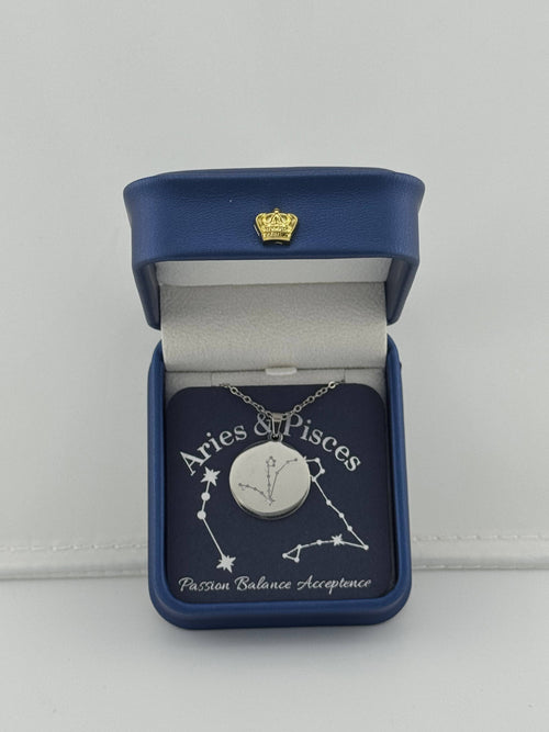  Silver Aries + Pisces constellation medallion necklace in gift box with silver foil zodiac card
